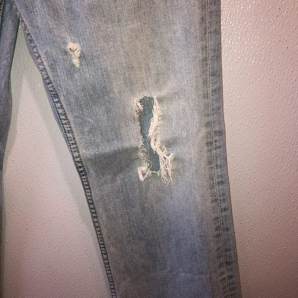 American Eagle Mens Size 28 x 28 Light Wash Blue Distressed Bootcut Denim Jeans